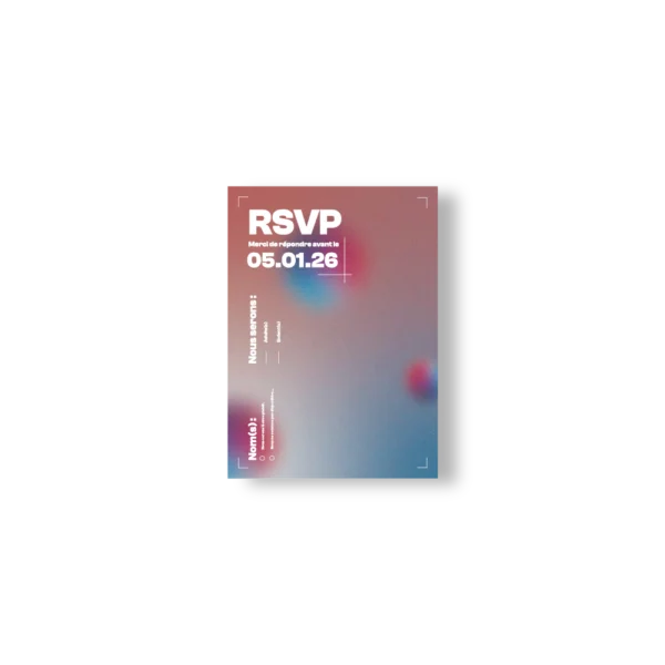 Carte RSVP mariage fond flouté rose bleu, date limite bien lisible, champs à compléter, design clair et graphique