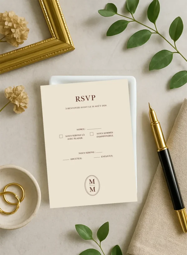 Carte RSVP crème verticale avec cases à cocher, typographie chocolat foncé et monogramme M M en bas.