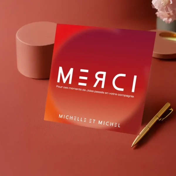 Carte de remerciement carrée rouge saturne, planète au centre, typographie “MERCI” blanche stylisée. Look spatial intense.