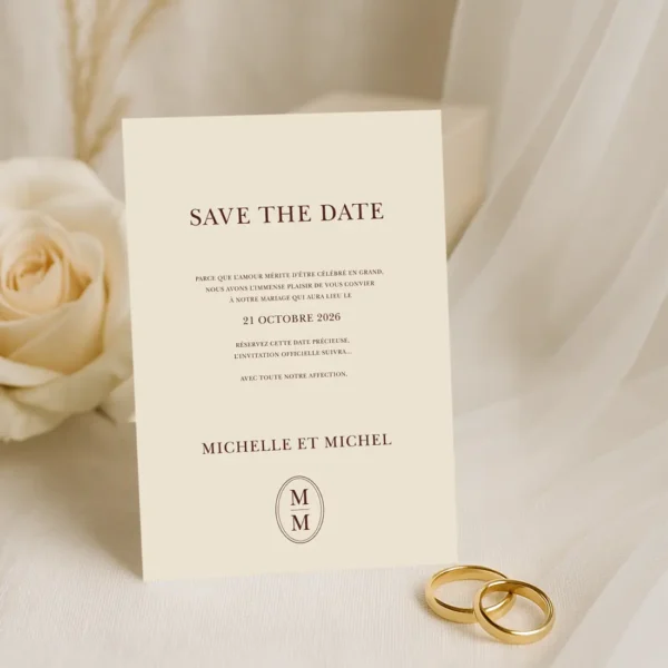 Save the Date crème avec texte chocolat foncé centré et monogramme M M en bas, ambiance douce et artisanale.