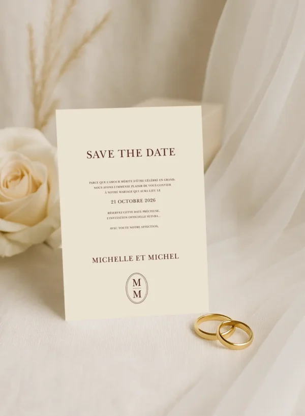 Save the Date crème avec texte chocolat foncé centré et monogramme M M en bas, ambiance douce et artisanale.