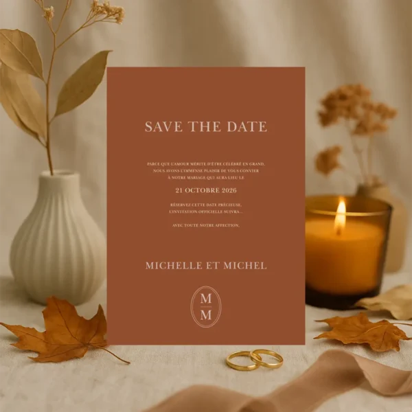 Carte Save the Date fond chocolat lait, texte crème centré avec prénoms et date. Élégance sobre et cohérente.
