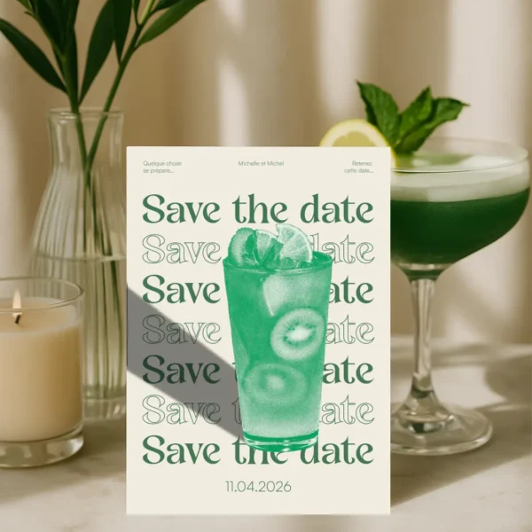 Save the Date mariage avec grand cocktail vert kiwi et texte en répétition sur fond crème, prénoms des mariés et date affichés en haut et bas
