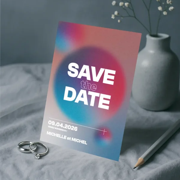 Save the Date mariage fond flouté rose bleu, typographie blanche au centre, cercles colorés, style moderne et visuel graphique
