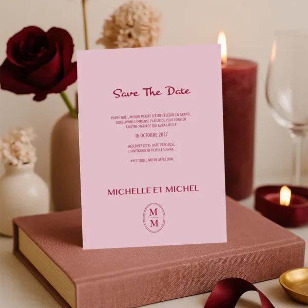 Carte Save the Date rose poudré avec prénoms et date centrés en rouge bordeaux. Design minimaliste et équilibré.