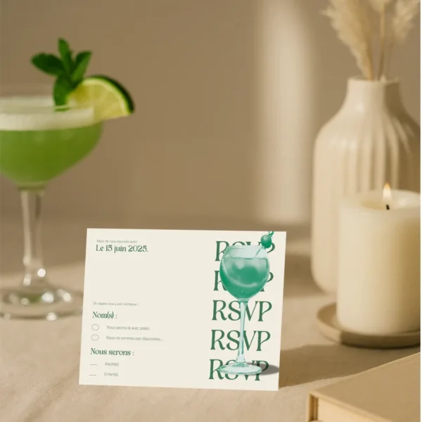 Carton réponse (RSVP) élégant avec cocktail vert et texte typographique, Collection Cocktail.