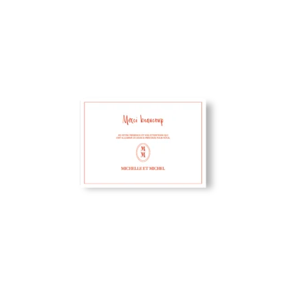 Carte de remerciement mariage rectangulaire, fond blanc, texte rouge Merci beaucoup, monogramme et prénoms des mariés en bas