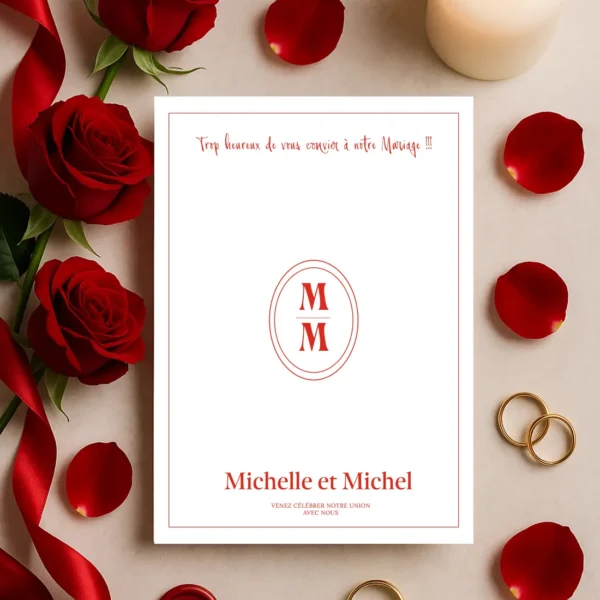 Faire-part mariage fond blanc avec monogramme central rouge, texte rouge profond et prénoms des mariés en bas de carte