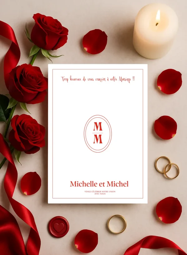 Faire-part mariage fond blanc avec monogramme central rouge, texte rouge profond et prénoms des mariés en bas de carte