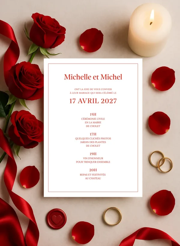 Faire-part mariage fond blanc avec monogramme central rouge, texte rouge profond et prénoms des mariés en bas de carte