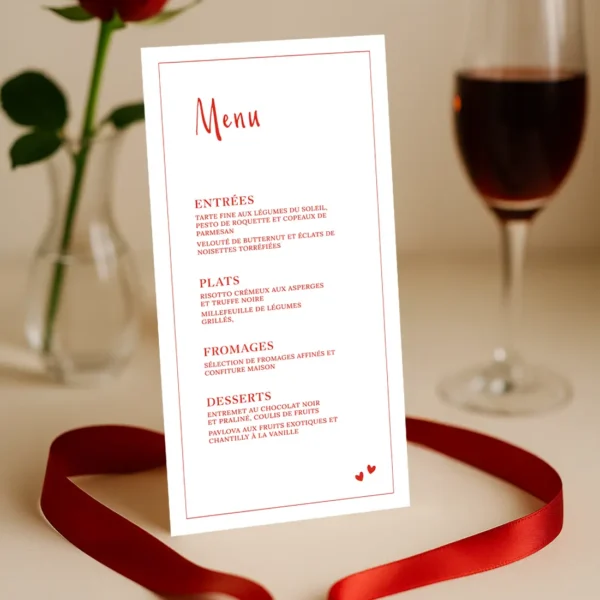 Menu mariage vertical avec titres rouges, texte raffiné en rouge sur fond blanc et deux petits cœurs en bas de carte