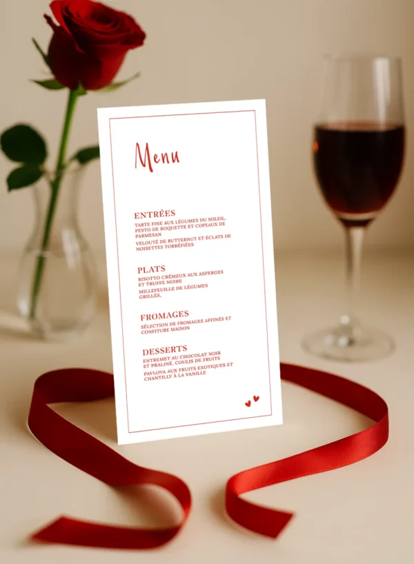 Menu mariage vertical avec titres rouges, texte raffiné en rouge sur fond blanc et deux petits cœurs en bas de carte