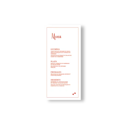 Menu mariage vertical avec titres rouges, texte raffiné en rouge sur fond blanc et deux petits cœurs en bas de carte