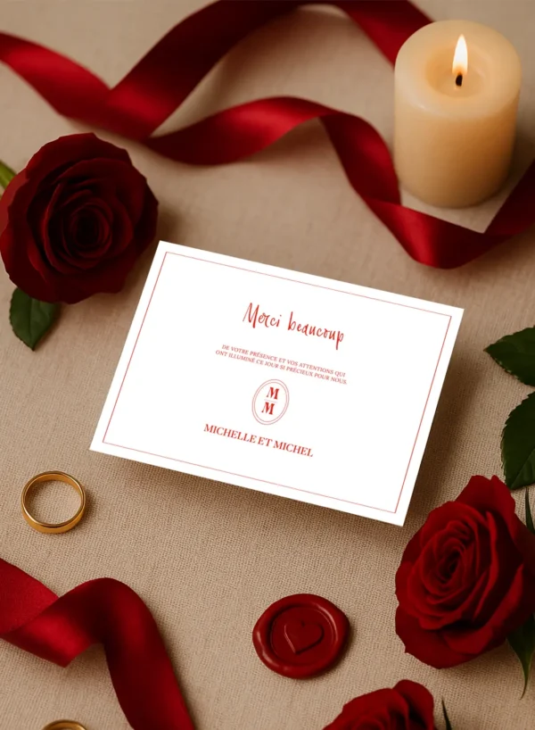 Carte de remerciement mariage rectangulaire, fond blanc, texte rouge Merci beaucoup, monogramme et prénoms des mariés en bas