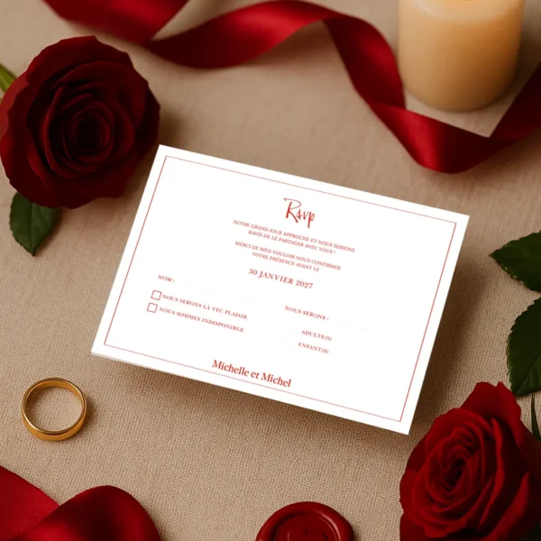 Carton réponse mariage fond blanc avec texte rouge, cases à cocher, prénoms des mariés et RSVP manuscrit en haut