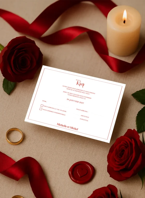 Carton réponse mariage fond blanc avec texte rouge, cases à cocher, prénoms des mariés et RSVP manuscrit en haut