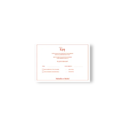 Carton réponse mariage fond blanc avec texte rouge, cases à cocher, prénoms des mariés et RSVP manuscrit en haut