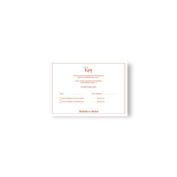 Carton réponse mariage fond blanc avec texte rouge, cases à cocher, prénoms des mariés et RSVP manuscrit en haut
