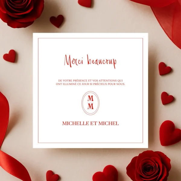 Carte de remerciement mariage carrée, fond blanc, texte rouge Merci beaucoup et prénoms des mariés avec monogramme central