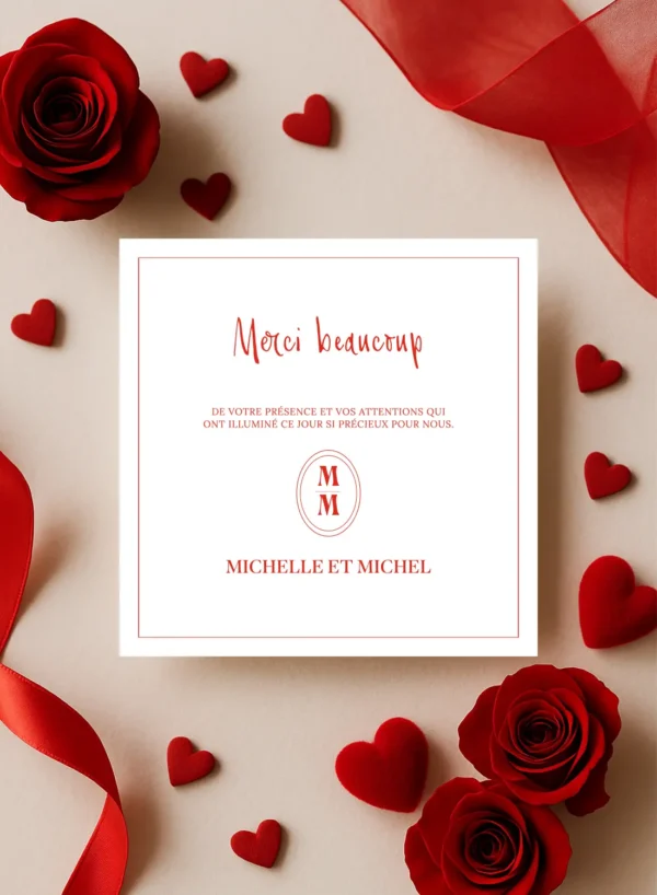 Carte de remerciement mariage carrée, fond blanc, texte rouge Merci beaucoup et prénoms des mariés avec monogramme central