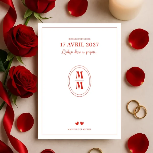 Carte Retenez cette date fond blanc avec monogramme, texte rouge profond et deux petits cœurs en bas de carte