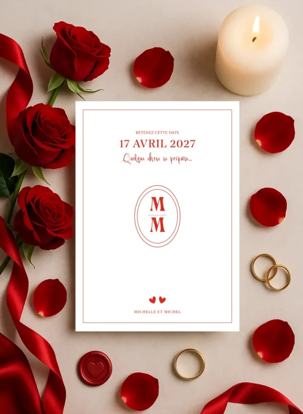 Carte Retenez cette date fond blanc avec monogramme, texte rouge profond et deux petits cœurs en bas de carte
