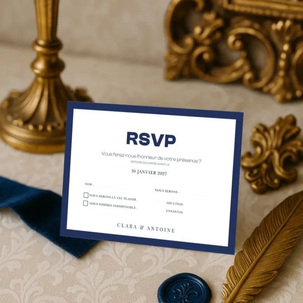 Carte RSVP mariage bleu roi – Collection Inspiration Louis XIV
