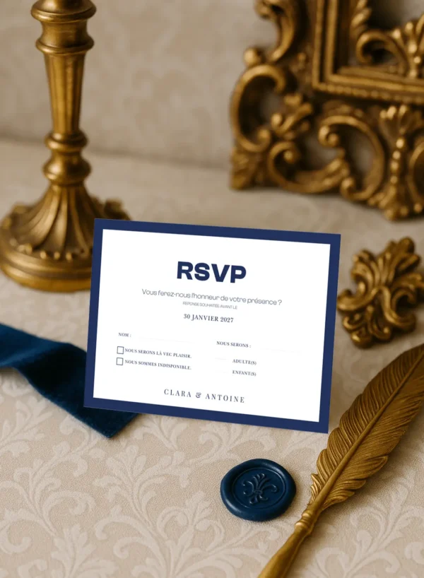 Carte RSVP mariage bleu roi – Collection Inspiration Louis XIV