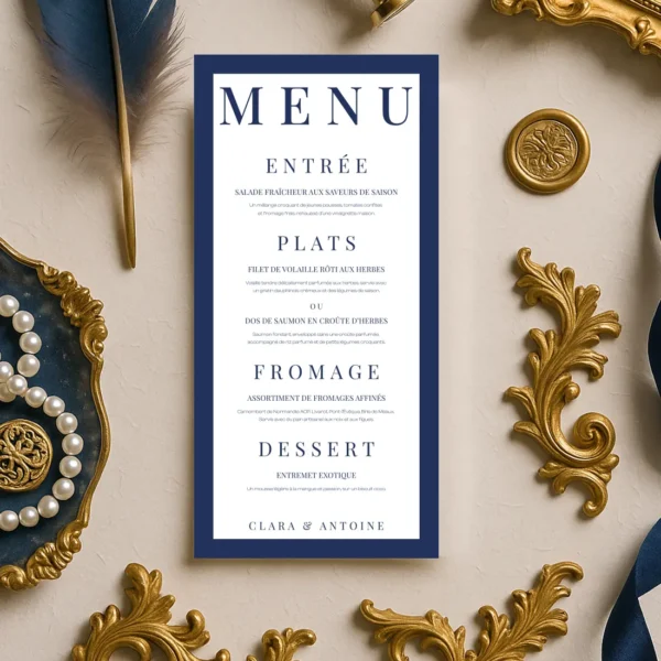 Menu mariage bleu roi élégant – Collection Inspiration Louis XIV