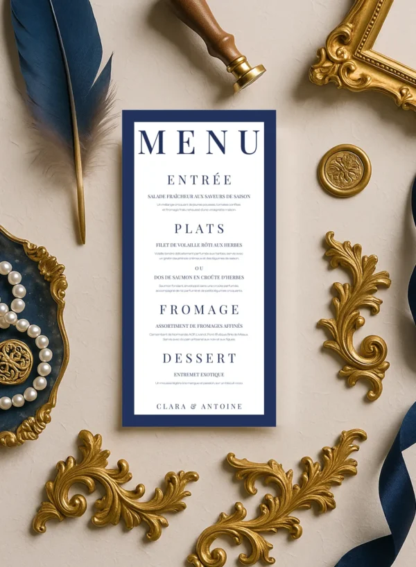 Menu mariage bleu roi élégant – Collection Inspiration Louis XIV