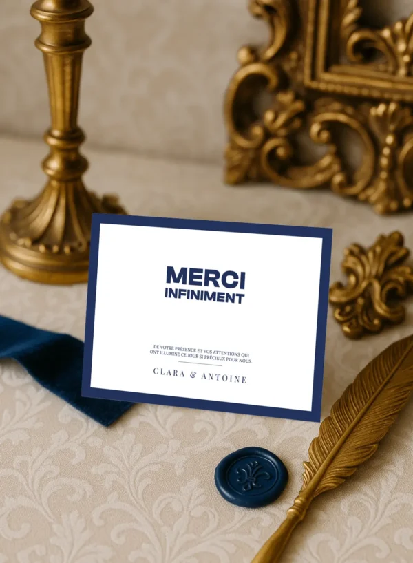 Carte de remerciement mariage bleu roi élégante – Collection Inspiration Louis XIV