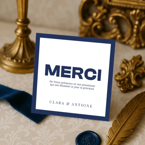 Carte de remerciement mariage carrée bleu roi – Collection Inspiration Louis XIV