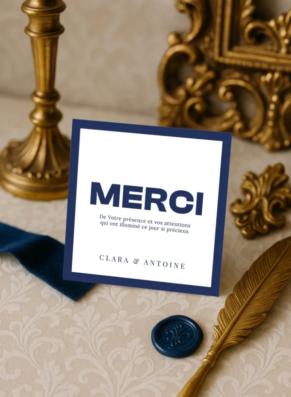 Carte de remerciement mariage carrée bleu roi – Collection Inspiration Louis XIV