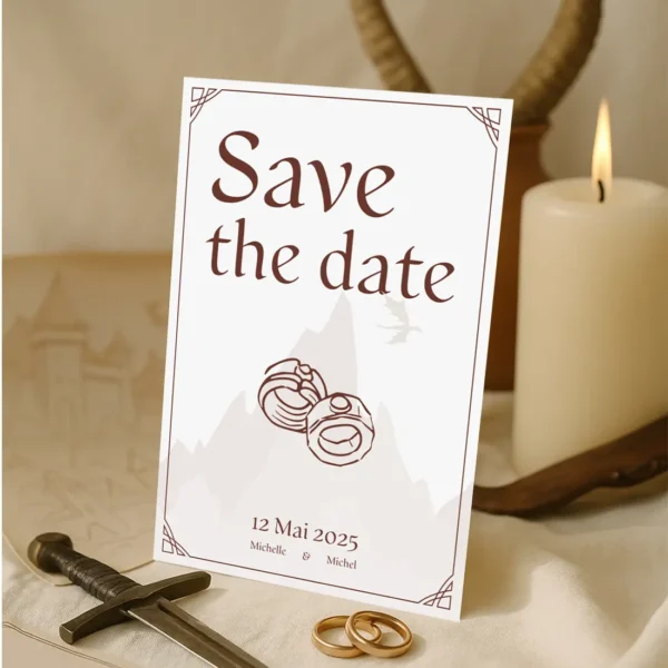 Un Save The date sur thème fantasy (anneaux et oiseau, médiéval épuré aux détails décoratifs) Style Inspiré de Skirim