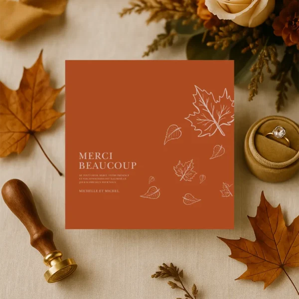 Carte Ambre Doux au format carte postale avec de jolies feuilles automnales. Design élégant et réconfortant pour vos remerciements de mariage.