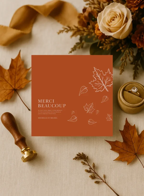 Carte Ambre Doux au format carte postale avec de jolies feuilles automnales. Design élégant et réconfortant pour vos remerciements de mariage.