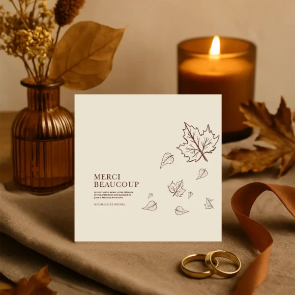 Carte de remerciement beige avec illustrations de feuilles marron et message “Merci Beaucoup” en typographie élégante, ambiance automnale.