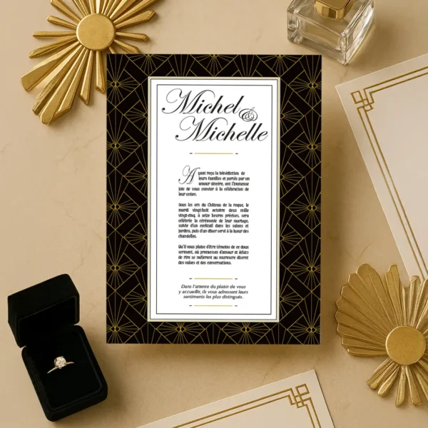 Faire-part mariage Art Déco noir or, prénoms en calligraphie, texte centré, fond blanc, encadrement graphique géométrique