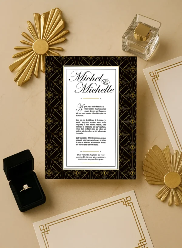 Faire-part mariage Art Déco noir or, prénoms en calligraphie, texte centré, fond blanc, encadrement graphique géométrique