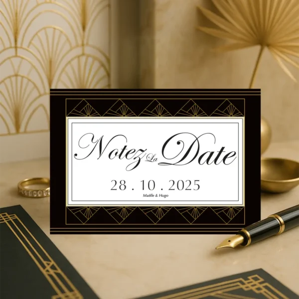 Carte Notez la Date mariage noire et or, style Art Déco, calligraphie élégante, frise géométrique, prénoms et date centrés