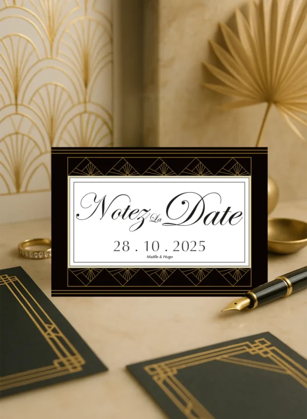 Carte Notez la Date mariage noire et or, style Art Déco, calligraphie élégante, frise géométrique, prénoms et date centrés