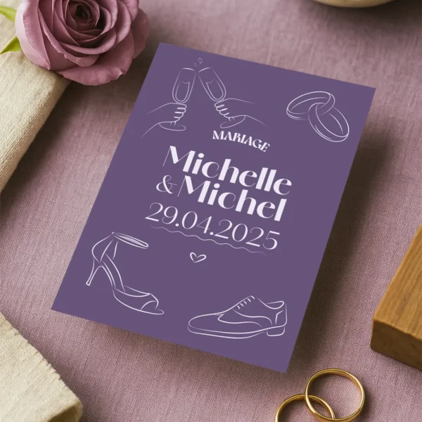 Faire-part mariage Violet avec illustrations festives et programme au verso – modèle Dolce Vita Aubergine