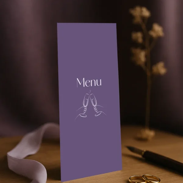 Menu de mariage Violet recto verso avec illustrations festives – modèle Dolce Vita Aubergine