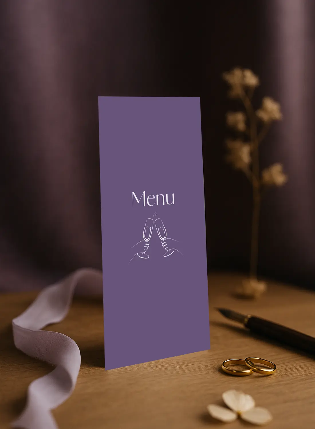Menu de mariage Violet recto verso avec illustrations festives – modèle Dolce Vita Aubergine