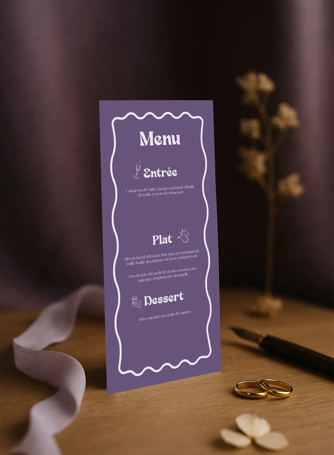 Menu de mariage Violet recto verso avec illustrations festives – modèle Dolce Vita Aubergine