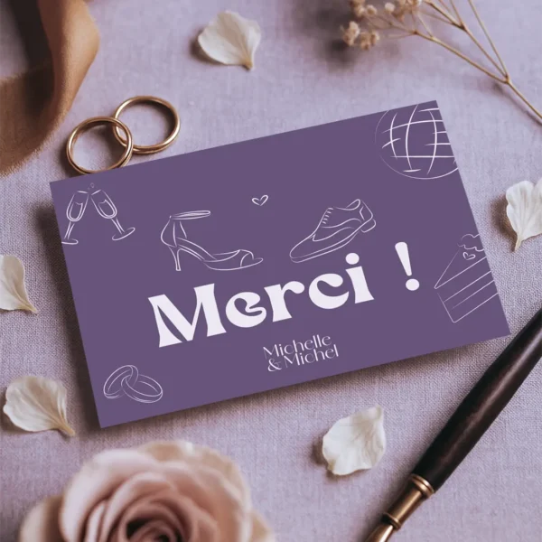 Carte de remerciement mariage Violette avec illustrations festives – modèle Dolce Vita Aubergine
